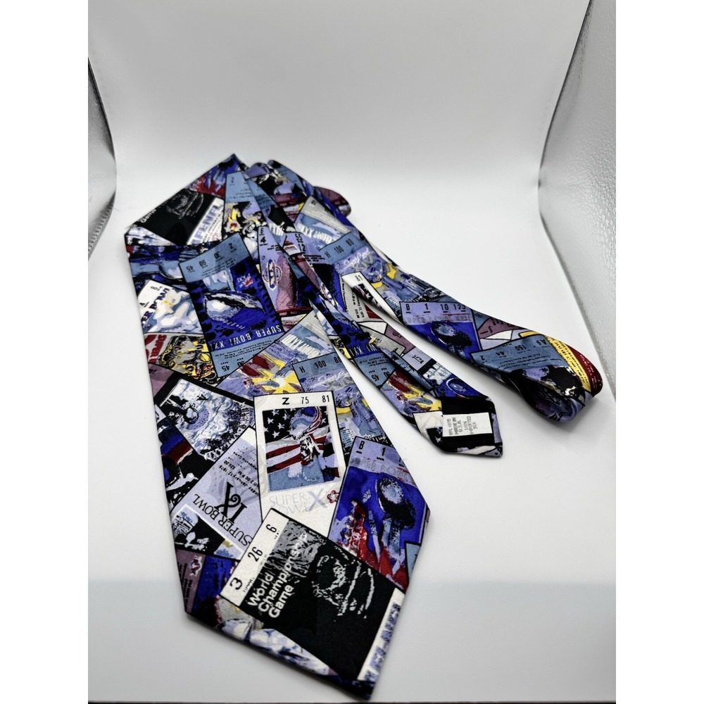 Vintage 1990s Team NFL‎ Ticket Stub Super Bowl Football Necktie Blue SILK  Art
